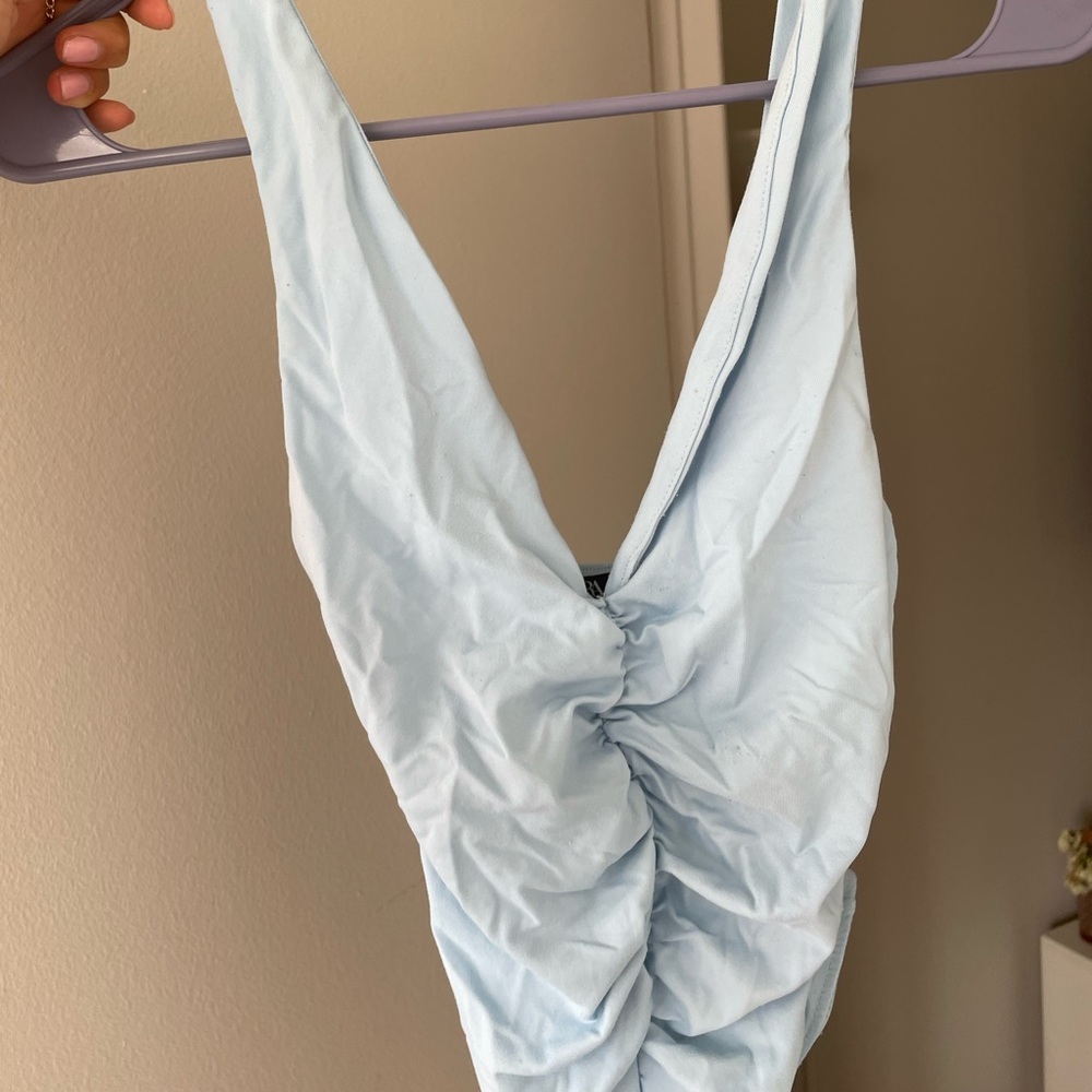 Zara light blue ruched bodysuit